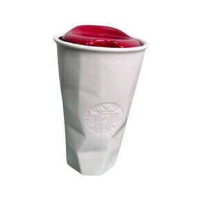 STARBUCKS White Mermaid Embossed Faceted Ceramic Travel Mug Tumbler 10 oz 2013​